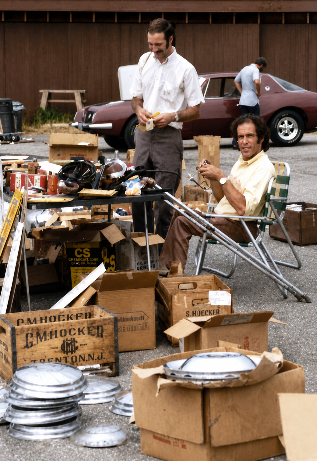The Kanter brothers sorting hubcaps and parts at a swap meet