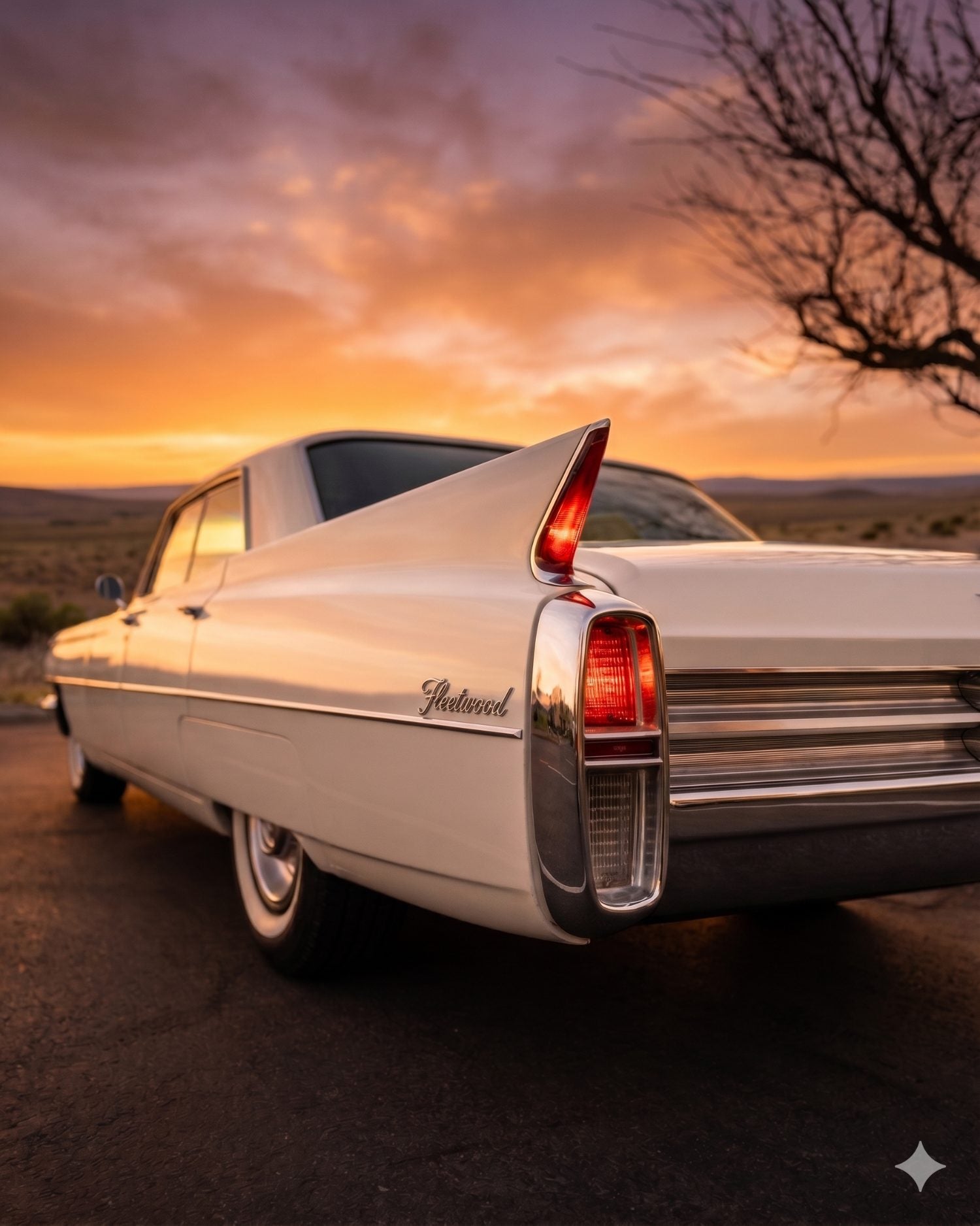 Rear tailfin of a white Cadillac Fleetwood at sunset